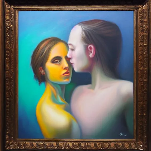 Image similar to stunning oil painting portrait of a young woman hugging an abstract human figure in the style of Meredith Marsone, spring colors