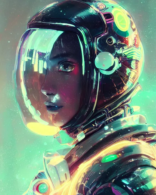 Image similar to detailed portrait Neon Spacesuit Girl, cyberpunk futuristic neon, reflective puffy coat, decorated with traditional Japanese ornaments by Ismail inceoglu dragan bibin hans thoma greg rutkowski Alexandros Pyromallis Nekro Rene Maritte Illustrated, Perfect face, fine details, realistic shaded, fine-face, pretty face