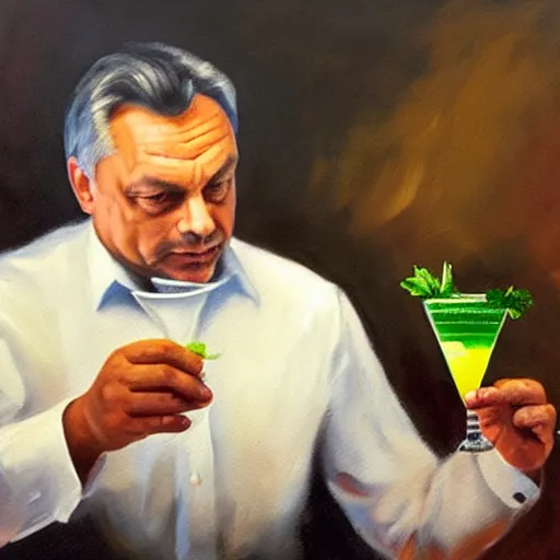 Prompt: viktor orban mixing a cocktail, oil painting