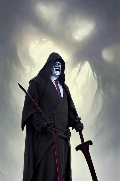 Image similar to Boris Johnson as Grim Reaper in a hood with scythe, portrait, highly detailed, digital painting, artstation, concept art, smooth, sharp focus, illustration, cinematic lighting, art by artgerm and greg rutkowski and alphonse mucha