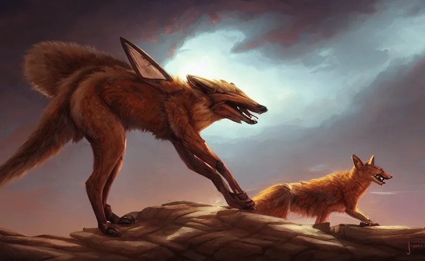 Prompt: coyote chimera with a scorpion tail, Jordan Grimmer, Noah Bradley