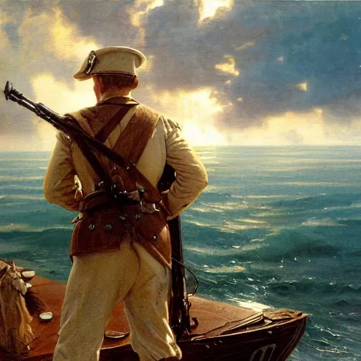 Image similar to detailed cinematic wide shot of swedish sea captain back view seeing his world war 2 battle ship attacking coastal city, ultra realistic, spring light, painting by gaston bussiere, craig mullins, j. c. leyendecker
