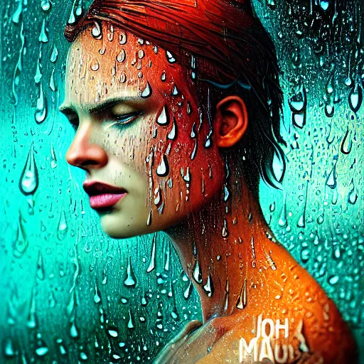 Image similar to dramatic portrait of revelation in uniquely colored rain with wet hair and face, liquid drops, epiphany, bliss, fantasy, intricate, elegant, dramatic lighting, highly detailed, lifelike, photorealistic, digital painting, artstation, concept art, smooth, sharp focus, illustration, art by John Collier and Albert Aublet and Krenz Cushart and Artem Demura and Alphonse Mucha