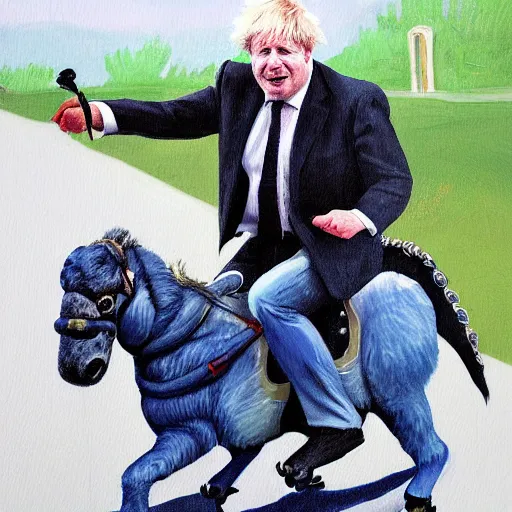 Prompt: boris johnson riding a veloceraptor, painting