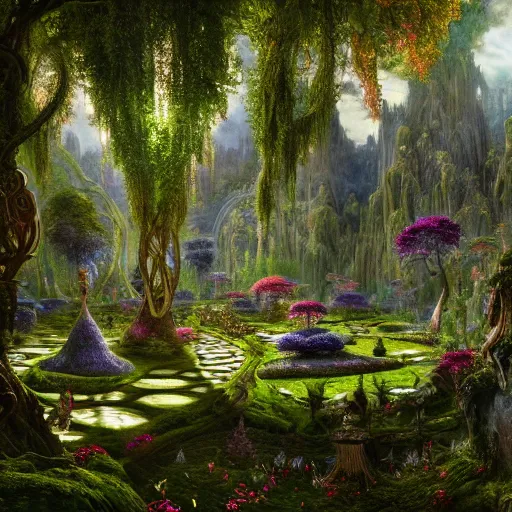 Image similar to a beautiful and highly detailed matte painting of an elven palace in a magical fantasy forest garden, psychedelic trees and plants and flowers, celtic vegetation, epic scale, insanely complex, hyperdetailed, sharp focus, hyperrealism, artstation, cgsociety, 8 k, bright colors, by caspar friedrich, albert bierstadt, james gurney, brian froud,