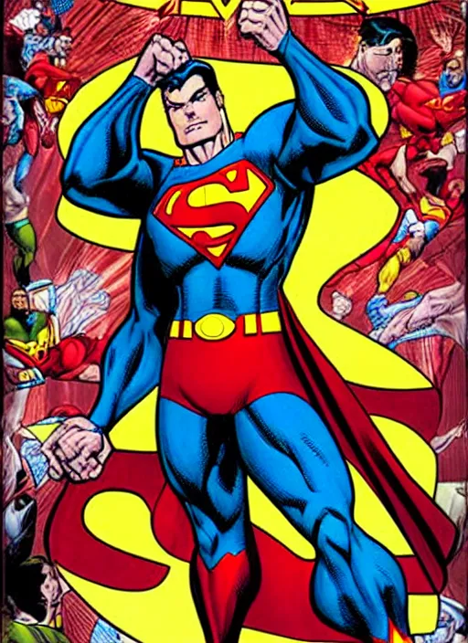 Image similar to 1 9 9 8 issue of jla cover depicting superman by ed mcguinness, masterpiece ink illustration,