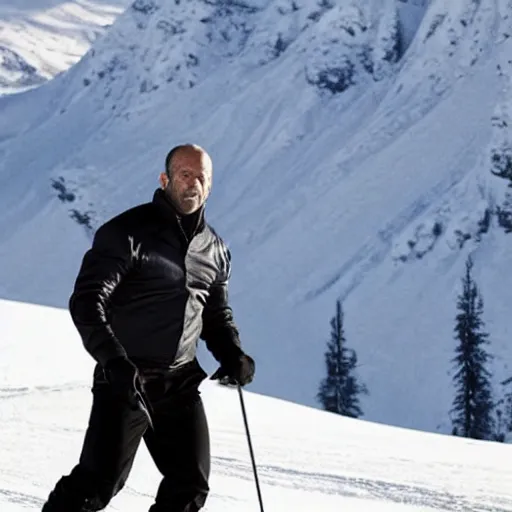 Prompt: jason statham skiing, dust, full body shot, finely detailed