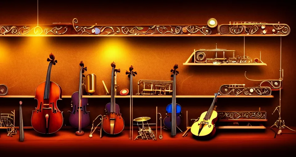 Image similar to a shelf of amazing magical musical instruments, cinematic lighting, detailed, beautiful colors, ornate 4 k