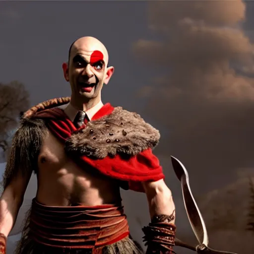 Prompt: mr. bean as kratos from god of war. movie still. cinematic lighting.