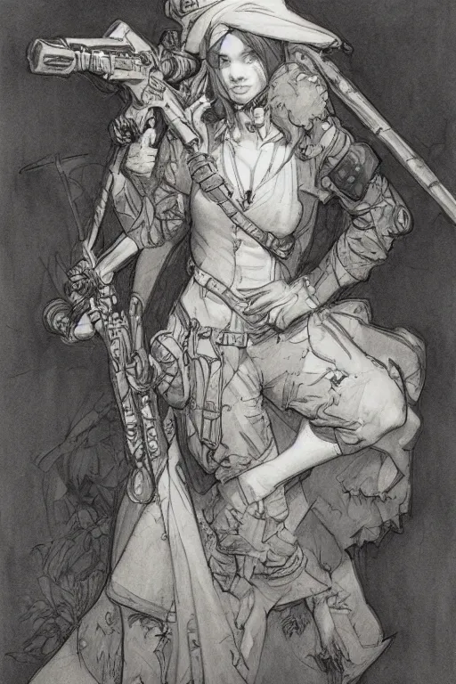 Image similar to pencil sketch of cute soldier girl by marc simonetti and brian froud and Mike Mignola and Alfons Maria Mucha and peter mohrbacher, hyperdetailed