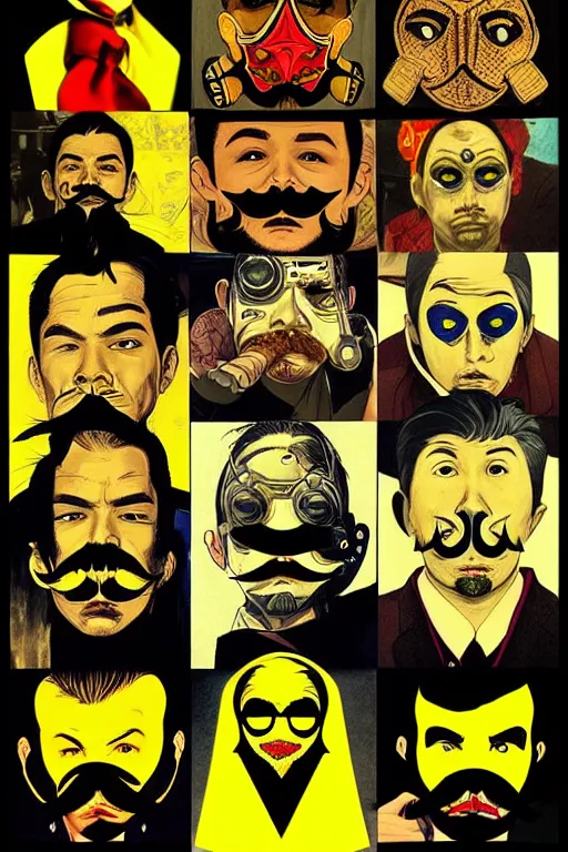 Prompt: gang saints wear yellow bandanas, and some of them have thick mustaches, their eyes are sharp, pop art style, dynamic comparison, proportional, professional art, bioshock style, gta chinatowon style, hyper realistic, face and body clarity, complicated, art by argerm dan richard hamilton