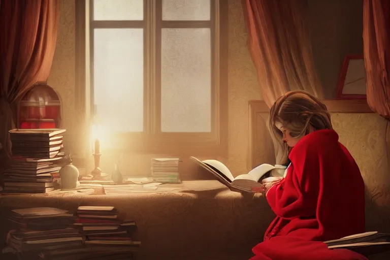 Image similar to A beautiful young woman sitting in her room reading a book. She is wearing a red robe and holding a quill pen. The room is dimly lit, with only a small lamp providing illumination. Fantasy, digital art, natural lighting, trending on artstation