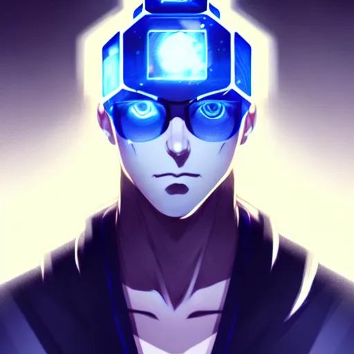 Image similar to a highly detailed portrait of a man with navy blue hair and blue glowing eyes, summoning blue transparent cubes, high detail clothing, concept art, anime, artstation, professional drawing