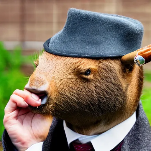 Image similar to smoking cigar, a man wearing a suit capybara head wearing a hat (smoking cigar)