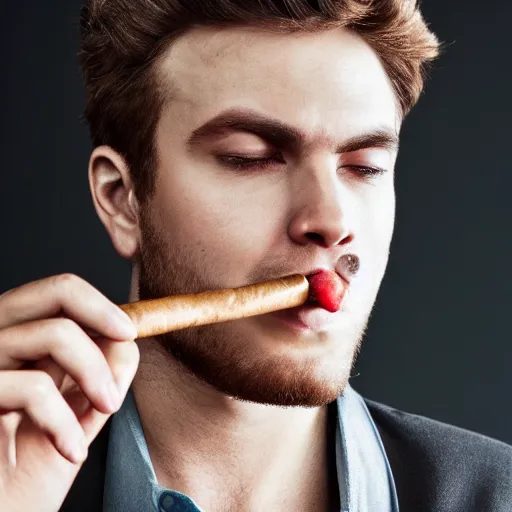 Image similar to a closeup photo of handsome gigachad elrubius smoking a cigar