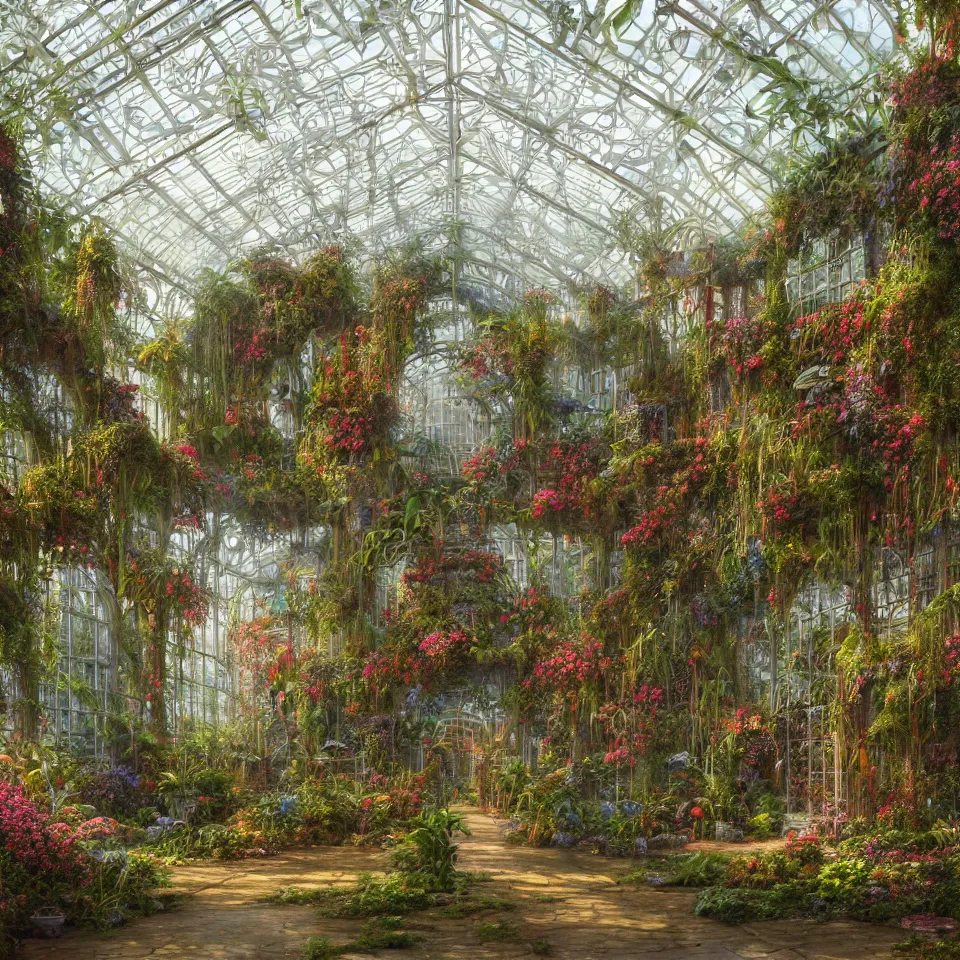 Prompt: a beautiful hyperrealistic detailed vivid colored matte painting of the inside interior of an ornate art deco greenhouse with overgrown mechanical plants, by john howe, lee madgwick, hubert robert, thomas kinkade, epic scale ultrawide angle, deviantart, 4 k wallpaper, dawn, warm cinematic volumetric lighting, deep colors, photorealism, photograph