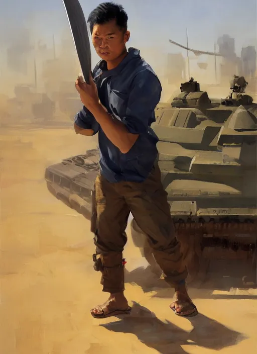 Prompt: greg manchess portrait of a filipino man holding a blade standing in front of a tank, asymmetrical, profile picture, organic painting, sunny day, matte painting, bold shapes, hard edges, street art, trending on artstation, by huang guangjian, gil elvgren, ruan jia, randy vargas, greg rutkowski