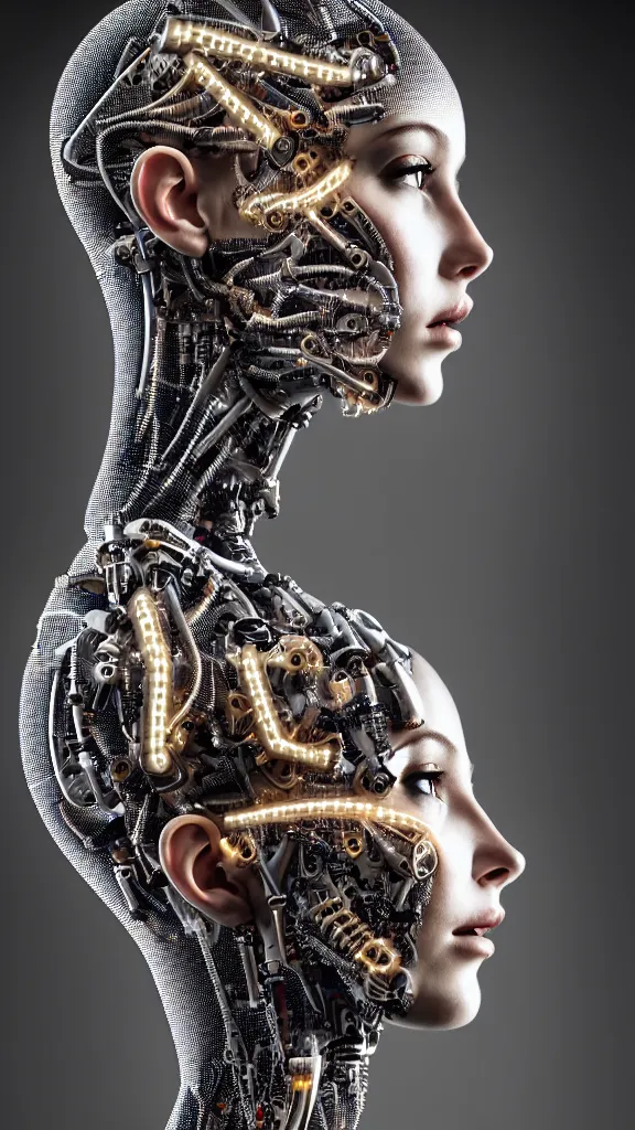 Image similar to a stunning young female cyborg profile face, face is made intricate tribal bio - mechanical, editorial photography, schlieren, depth of field, f / 2. 8, high contrast, 1 6 k, rays of shimmering light, volumetric lighting, shiny, insanely detailed and intricate, hypermaximalist, elegant, ornate, hyper realistic, super detailed