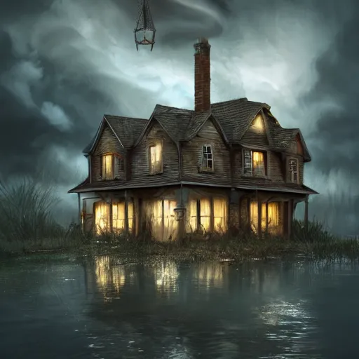 Image similar to haunted house floating in water, storm approaching, stylized, artgerm, artstation, hd, cgsociety, cgi, realistic, dramatic, cinematic, artistic, trending, detailed