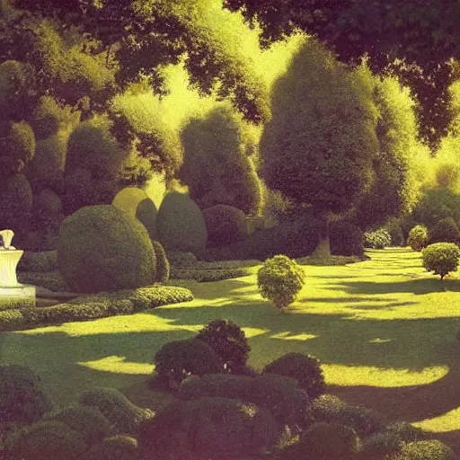 Prompt: wide angle of an empty garden with trees made of fluffy clouds, masterpiece painted by maxfield parrish, jc leyendecker and hopper, flemish baroque, classical realism, full color, atmospheric light