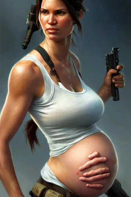 Image similar to pregnant lara croft in a tank top, realistic portrait, symmetrical, highly detailed, digital painting, artstation, concept art, smooth, sharp focus, illustration, cinematic lighting, art by artgerm and greg rutkowski and alphonse mucha