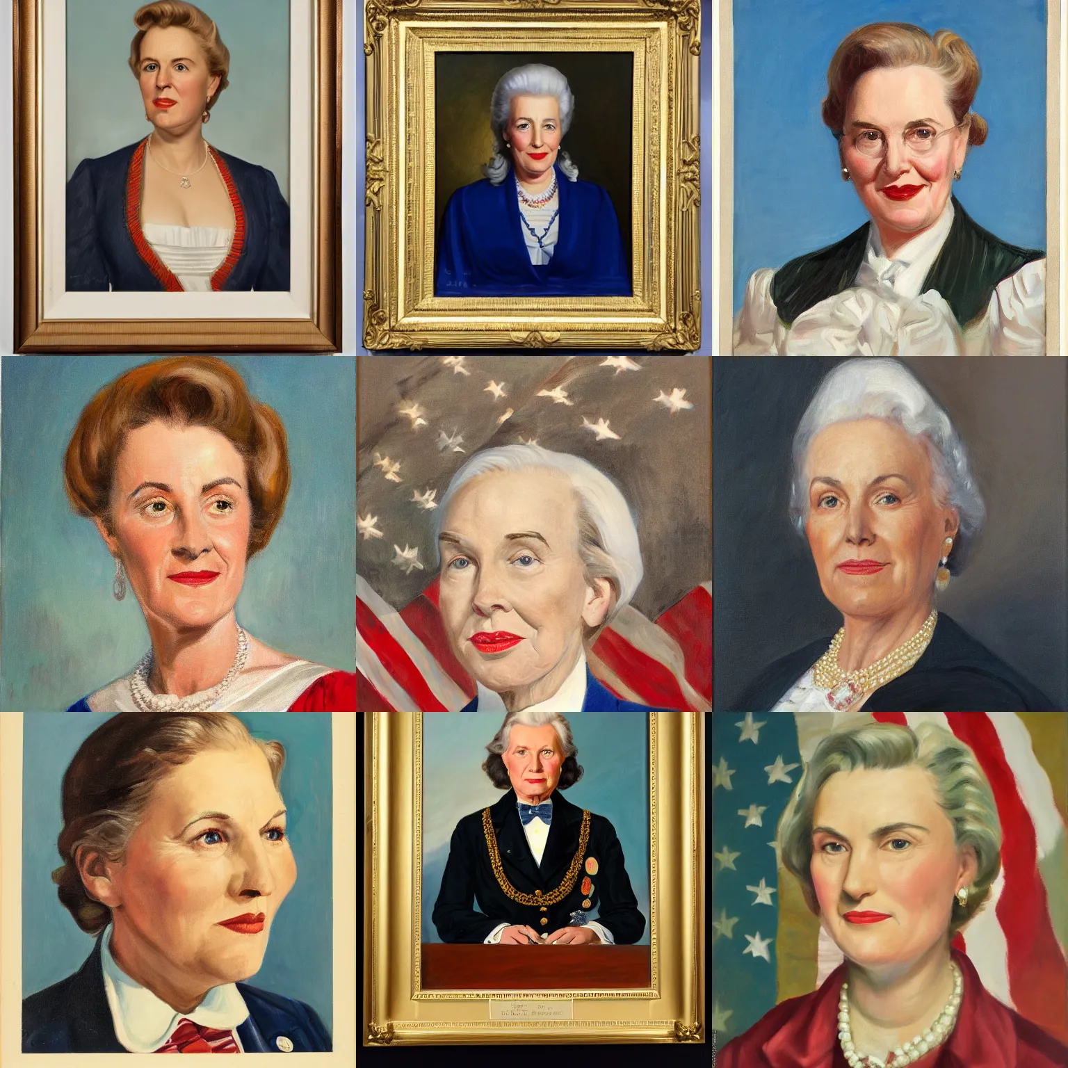 Prompt: Official Portrait of the United States President, a 36 year old white woman, 1944 by John Howard Sanden and Herbert E. Abrams, White House Archives, oil on canvas trending on artstation, high octane