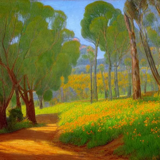 Image similar to a painting of a dirt road surrounded by eucalyptus trees and california golden poppies, woodland hill in the distance. an oil painting by Julian Onderdonk, green orange violet triadic color palette, featured on deviantart, australian tonalism, pre-raphaelite, impressionism, detailed painting