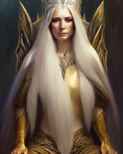 Image similar to tall elven queen sitting on the throne, full body, long white hair, pale skin, golden eyes | | realistic shaded, fine details, fine - face, realistic shaded lighting poster by greg rutkowski, magali villeneuve, artgerm, jeremy lipkin, michael garmash, rob rey