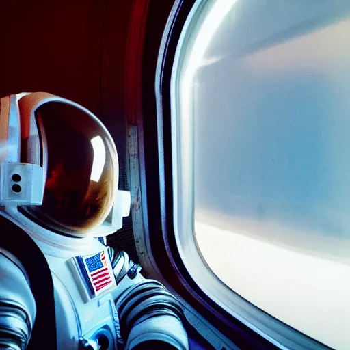 Prompt: a beautiful photo of an astronaut sitting in a train, soft light, morning light, photorealistic, realistic, octane, 8k, cinematic shot