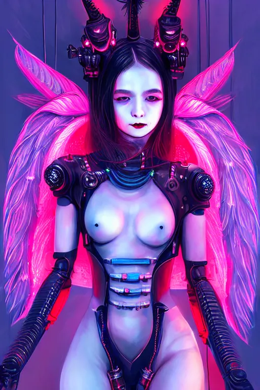 Prompt: portrait futuristic Devil Girl with horns and wings and feathers and armor, stuuing smile, in future cyberpunk tokyo rooftop , ssci-fi, fantasy, intricate, very very beautiful, elegant, human anatomy, human structure, neon light, highly detailed, digital painting, artstation, concept art, smooth, sharp focus, illustration, art by tian zi and WLOP and alphonse mucha