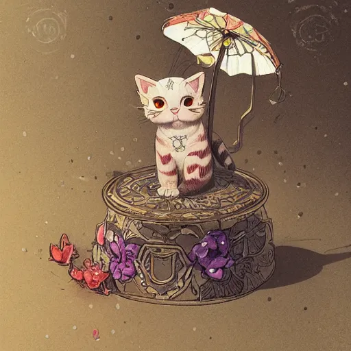 Image similar to A cute maneki neko waving, flowers around, D&D, fantasy, intricate, cinematic lighting, highly detailed, digital painting, artstation, concept art, smooth, sharp focus, illustration, art by Akihiko Yoshida, Greg Rutkowski and Alphonse Mucha