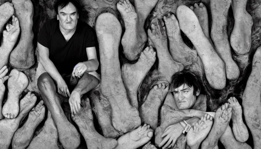 Image similar to Quentin Tarantino sitting on couch inside house made of human feet, close-up portrait photograph