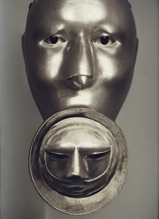 Image similar to a fashion portrait photograph of a man wearing a round metal mask designed by joseph albers, 3 5 mm, color film camera, pentax