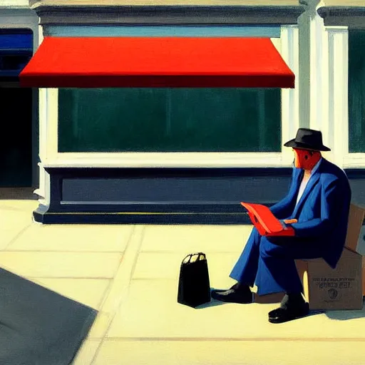 Image similar to painting of a businessman sitting in the street like a homeless person. by edward hopper and james gilleard