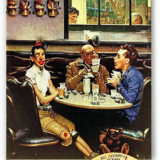 Image similar to aliens having a cup of coffee on at cafe in paris by norman rockwell