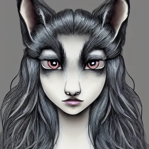 Image similar to headshot of young female furry, D&D, cute, fantasy, intricate, long hair, dark grey skin, mouse face, mouse nose, dark skin, mouse head, mouse ears, black hair, elegant, highly detailed, cartoony, artstation, concept art, smooth, sharp focus, illustration, art by Diives