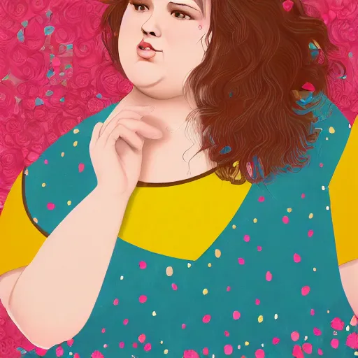 Image similar to colorful and festive cute female young plus size female todd solondz with tan skin, clear sharp female todd solondz face, wearing yellow floral blouse. fat full body, rich vivid pastel colors, ambient lighting, dynamic lighting, 4 k, atmospheric lighting, painted, intricate, highly detailed by charlie bowater