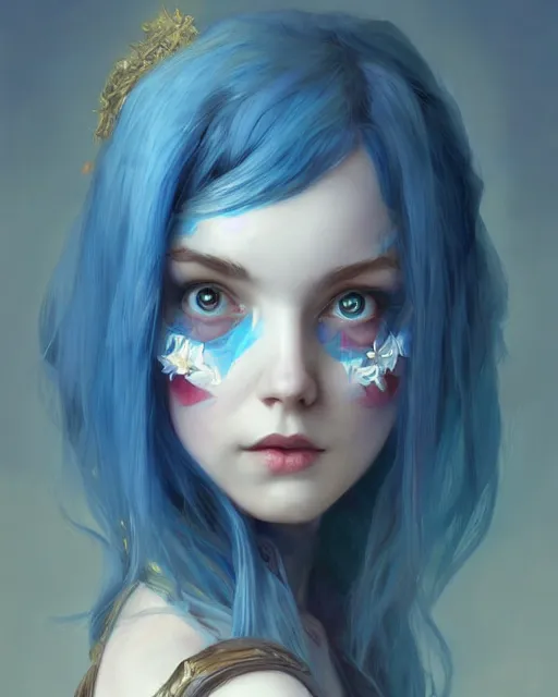 Image similar to symmetrical portrait of a pretty girl with blue hair dressed as alice in wonderland, digital painting, 8 k, concept art, art by wlop, artgerm, greg rutkowski and alphonse mucha