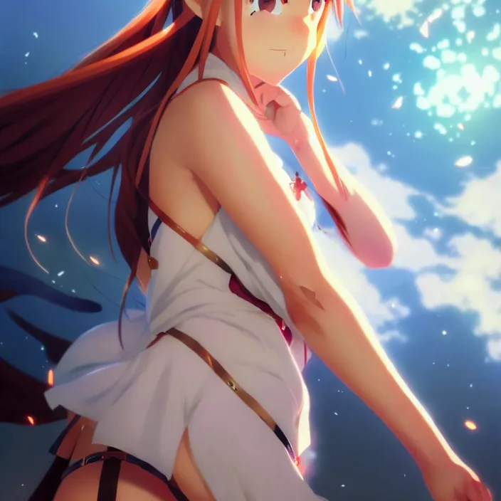 Prompt: beautifu photo of asuna from sao, asuna by a - 1 pictures, by greg rutkowski, gil elvgren, enoch bolles, glossy skin, pearlescent, anime, maxim magazine, very coherent