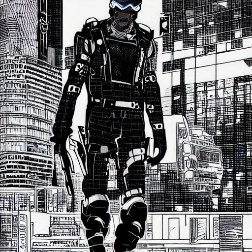 Prompt: male cyberpunk In style of travis charest and laurie greasley, detailed