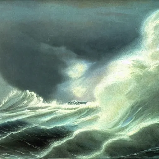 Prompt: A beautiful body art of a raging storm at sea, with huge waves crashing against the rocks. The sky is dark and ominous, and the sea is rough and choppy. Interstellar by Wilfredo Lam, by Jean-Léon Gérôme lively