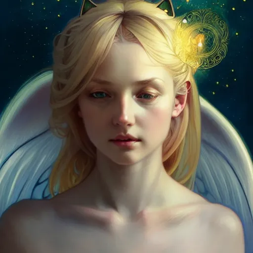 Image similar to Portrait of a girl angel with blonde hair, cat ears, glowing halo, wings, fantasy, intricate, elegant, highly detailed, digital painting, artstation, concept art, smooth, sharp focus, illustration, art by Krenz Cushart and Artem Demura and alphonse mucha