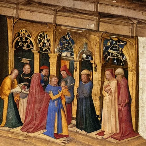 Prompt: a medieval painting of the inside of a walmart