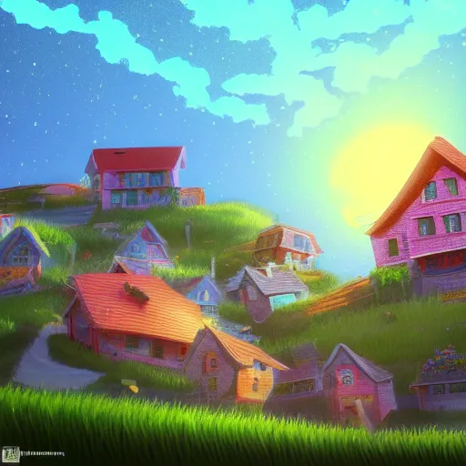 Prompt: beautiful 3 d painting of a colourful house on a hilltop at midnight with small fireflies flying around, in the style of studio ghibli, artstation, unreal engine