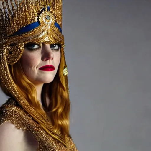 Image similar to A full body shot of Emma Stone wearing a golden Arabian crown , royality, high quality, fully detailed, 4k