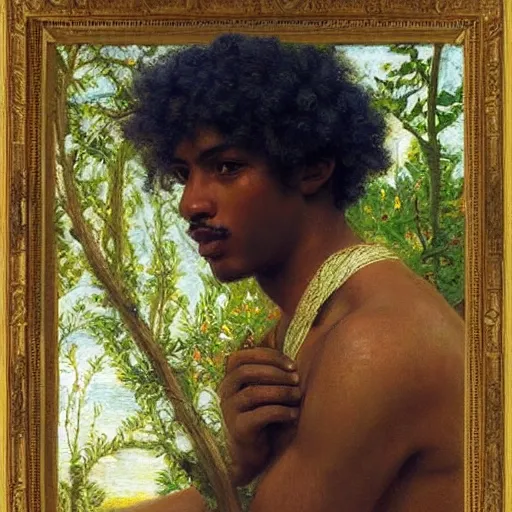 Prompt: east african man with curly hair, fedosenko roman, j. w. godward, jose miguel roman frances, intricate details, countryside, dreamy, impressionist, figurative