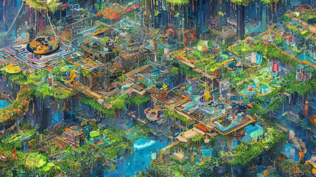 Image similar to a solarpunk landscape, artwork, colorful, insanely detailed and intricate