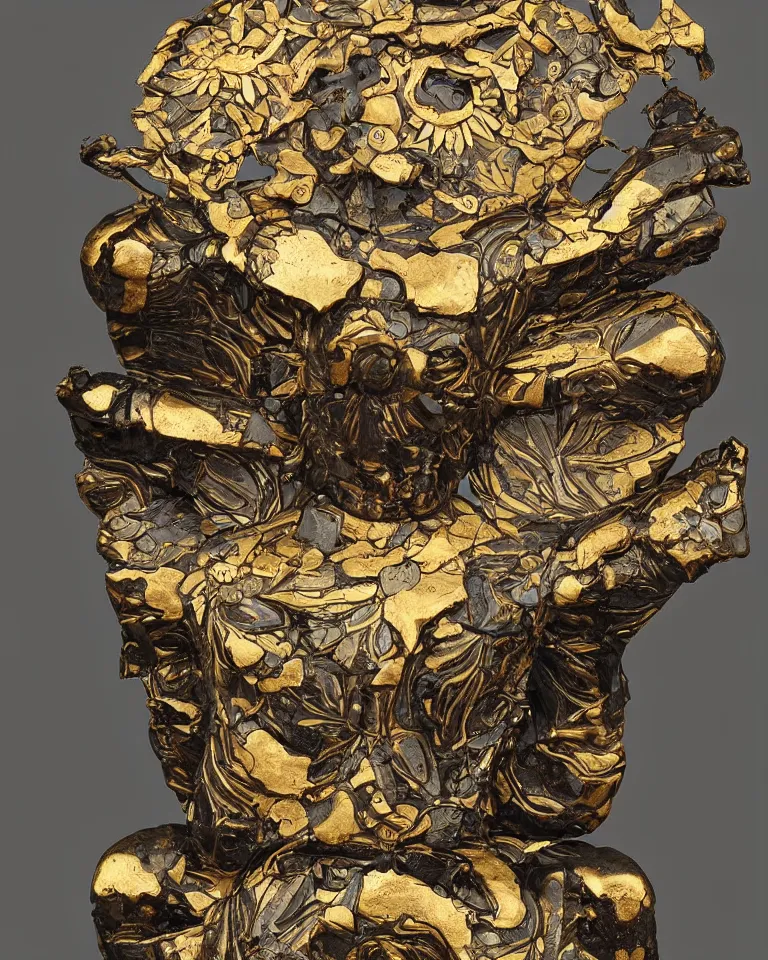 Prompt: symmetrical fractured obsidian chinese statue with helianthus and tropaeolum fixed with bronze and kintsugi, rendered in octane trending on cgsociety. extremely detailed and intricate art
