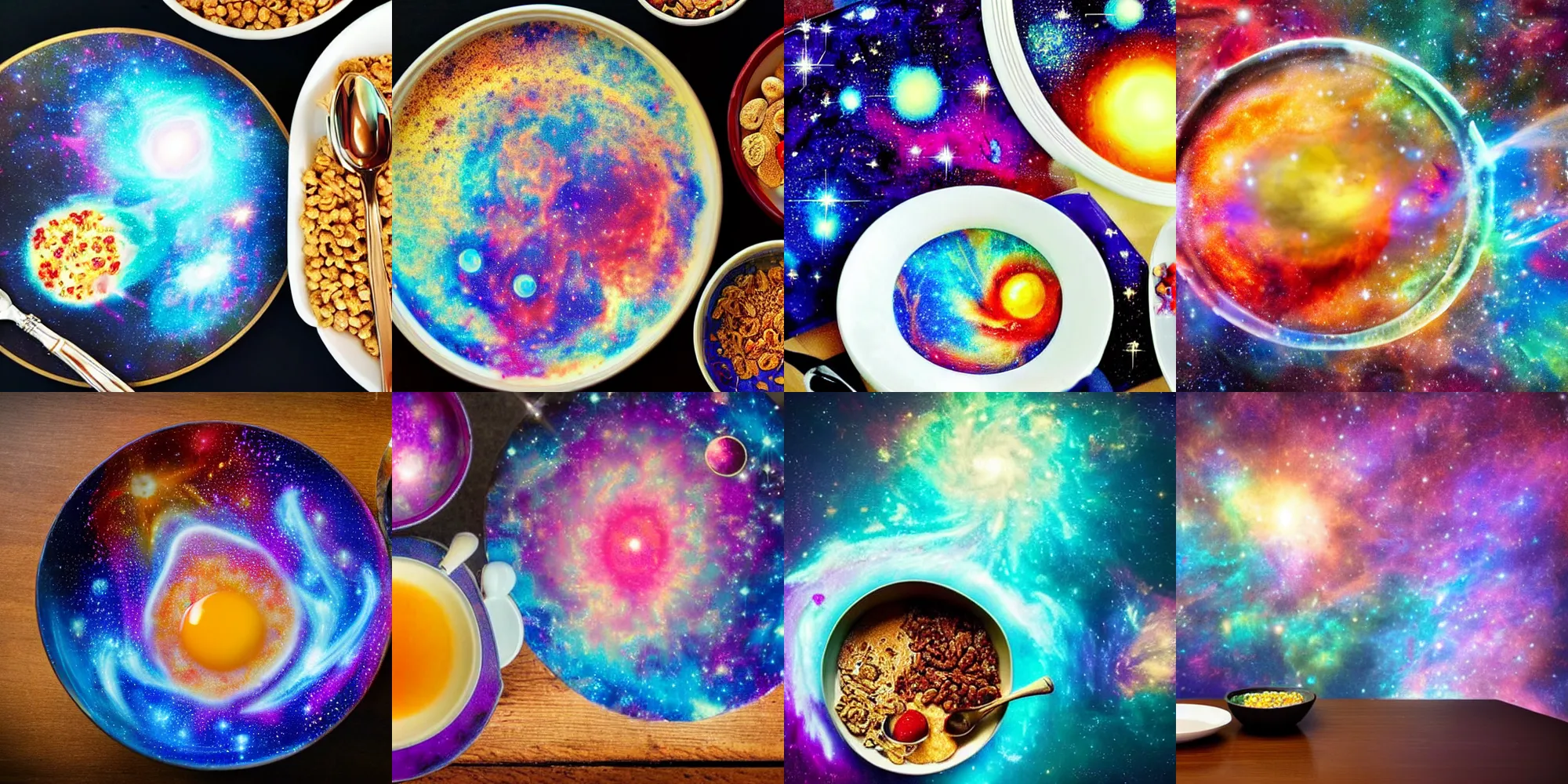 Prompt: a picture of a morning breakfast table with a cereal bowl with a nebula inside, highly intricate and colorful nebula