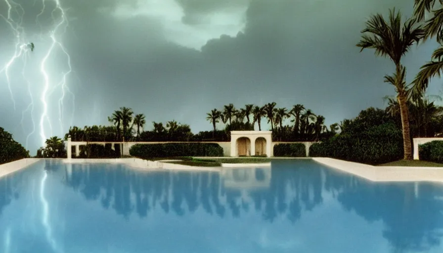 Prompt: A 1998 magazine architecture photo of a pool, mediterranean architecture, refracted color lines and sparkles, thunderstorm outside, beach and Tropical vegetation on the background major arcana sky and occult symbols, hyperrealistic 8k uhd, award-winning, 1998